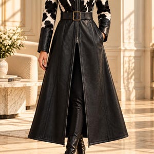 Cowhide Leather Long Coat, Western Duster Jacket, Hair On Hide Belted Coat, Women’s Statement Outerwear