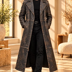 Leather Trench Coat, Mens Duster Coat, Vintage Overcoat, Full Grain Leather, Handmade Hallowen Longcoat, Winter Outerwear, Mens Clothing