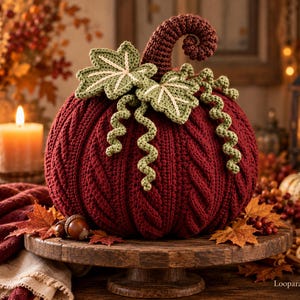 Può includere: Una zucca all'uncinetto rosso scuro con un gambo riccio marrone scuro e due foglie all'uncinetto verde chiaro con cuciture bianche. La zucca presenta un motivo a trecce lavorato a maglia ed è decorata con diversi viticci all'uncinetto verde chiaro.