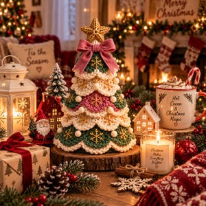 May include: A crocheted Christmas tree decoration featuring layered green, cream, and pink scalloped tiers adorned with gold snowflake ornaments and small white pom-poms. The tree is topped with a gold star and a large pink velvet bow.