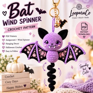 May include: A crochet bat wind spinner pattern featuring a purple bat with black wings, ears, and a spiral tail. The image includes text: Bat Wind Spinner Crochet Pattern, LooparaCo, PDF Instant Download, and Spooky but Cute. It hangs from a gold clasp.