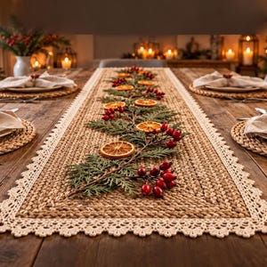 May include: A rectangular woven jute table runner with a cream-colored crocheted lace border. The runner is decorated with a central arrangement of green cedar sprigs, dried orange slices, and clusters of small red berries.