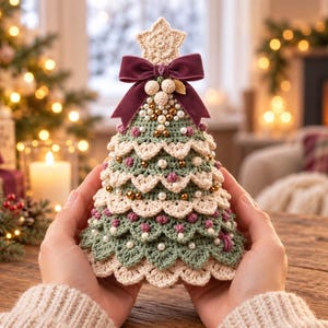 May include: A cone-shaped crochet Christmas tree decoration featuring alternating layers of sage green and cream scalloped yarn. The tree is adorned with small white and gold beads, tiny purple yarn bobbles, a dark purple velvet bow, and a star topper.