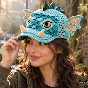May include: A light blue crochet baseball cap featuring a dragon design with layered scale-like textures, two beige horns on the brim, large yellow and black eyes, and two beige wings on the sides. The cap has dark green spikes on the top.