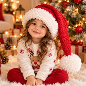 Può includere: Un lungo cappello da Babbo Natale all'uncinetto rosso e bianco con un grande pon pon bianco, abbinato a un maglione in maglia color crema con un motivo a renna e fiocchi di neve rossi, indossato con pantaloni rossi in un contesto festivo.