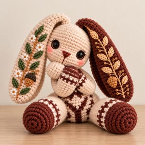 May include: A crocheted rabbit toy with a cream-colored body, dark brown feet, and long ears. One ear features embroidered white flowers and green leaves with an acorn, while the other displays tan leaf sprigs and a pinecone. It has large black eyes.