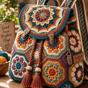 May include: A crochet backpack featuring a colorful mandala pattern in shades of teal, mustard yellow, rust orange, and cream. The bag includes two bronze-toned metal buckles, a drawstring closure with two tassels, and a brown leather-like tag.