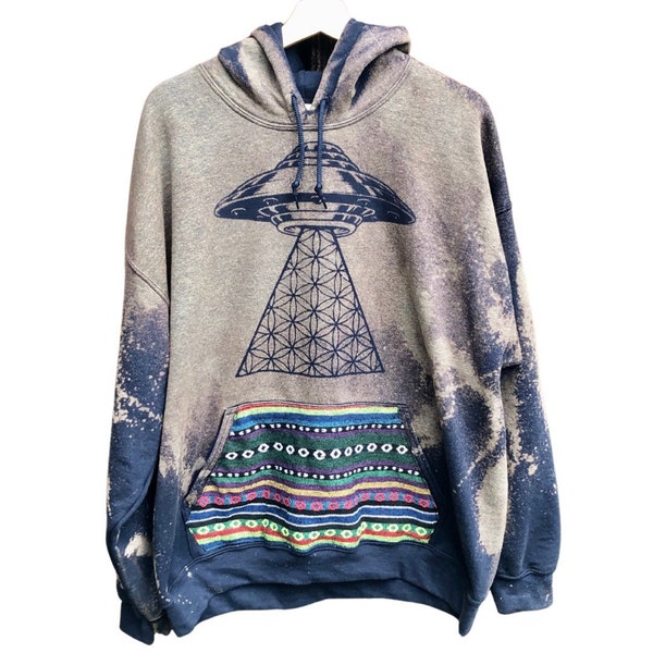Made to Order Unisex NAVY BLUE UFO Flower of Life Slash Dyed Tribal Fabric Hoodie Pullover Hoodie