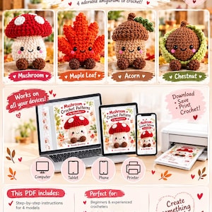 Peut inclure: Une collection de 4 modèles de crochet en format PDF numérique intitulée Autumn Collection 4 Crochet Patterns by bfsonline. Elle présente quatre personnages amigurumi : un champignon rouge et blanc, une feuille d'érable orange, un gland marron et une châtaigne verte.