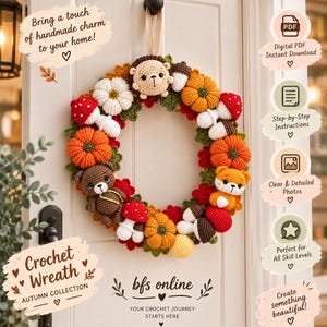 Peut inclure: Une couronne au crochet ronde ornée de décorations sur le thème de l'automne, notamment un hérisson, un ours, un renard, des citrouilles, des champignons et des glands dans des tons orange, rouge, marron et blanc sur une porte blanche.