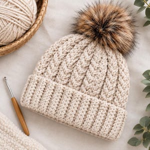 May include: A beige knit beanie featuring a vertical braided cable pattern and a wide ribbed cuff. The hat is topped with a large, fluffy, multi-toned brown faux fur pom-pom. The construction shows a thick, textured yarn weave throughout the design.