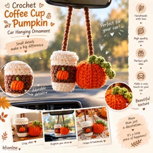 Crochet Car Hanging Decoration Pattern – Coffee Cup & Pumpkin, 3 PDF Step-by-Step Instructions, Digital Download