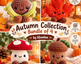 Herbstliches Häkelmuster-Set, 4 Amigurumi-PDF-Anleitungen (Pilz, Ahornblatt, Eichel & Kastanie), Sofort-Download