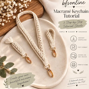 May include: A digital tutorial for macramé keychains featuring three step-by-step sheets in PDF format. The image displays three off-white, braided macramé keychain samples with gold-toned lobster clasps, accompanied by text detailing download instructions.
