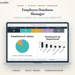 Gestor de bases de datos de empleados, sistema de seguimiento de registros de personal de RR. HH. para pequeñas empresas, plantilla de Excel y Google Sheets