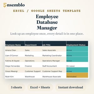 Puede incluir: Una plantilla de Excel y Google Sheets titulada Employee Database Manager. El documento presenta una tabla con columnas para el nombre del empleado, departamento, puesto y estado laboral, mostrando datos de seis personas con celdas de estado.