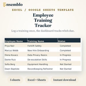 Pode incluir: Um modelo de rastreamento de treinamento de funcionários para Excel e Google Sheets da Ensemblo. O documento apresenta uma tabela com colunas para nome do funcionário, nome do treinamento e status, listando várias sessões de treinamento.