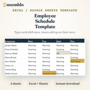 May include: An Excel and Google Sheets employee schedule template by Ensemblo. The document features a table with columns for employee names and days of the week, including colour-coded cells for off, sick leave, and vacation leave status.
