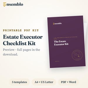 Puede incluir: Un kit PDF imprimible titulado Estate Executor Checklist Kit. El documento presenta una portada de color púrpura oscuro con texto en blanco, incluido el logotipo de Ensemblo. Incluye 5 plantillas en formatos A4 y US Letter, en PDF y Word.