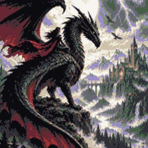 May include: A pixel art style illustration featuring a large black dragon with red-accented wings perched on a rocky cliff. In the background, a full moon shines over a mountainous landscape with a castle, pine trees, and lightning in the sky.