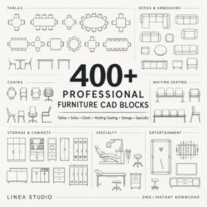 May include: A collection of 400+ professional furniture CAD blocks featuring black line drawings of tables, sofas, armchairs, chairs, waiting seating, storage, cabinets, specialty medical equipment, and entertainment items on a white background.