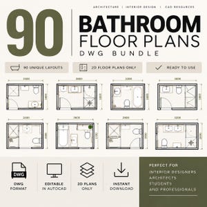 May include: A digital bundle of 90 bathroom floor plans in DWG format for architecture and interior design. The graphic displays eight 2D layout examples with metric dimensions, featuring icons for AutoCAD compatibility and instant download availability.