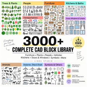 Könnte beinhalten: Eine digitale Sammlung von über 3000 CAD-Blöcken mit architektonischen Symbolen, Möbeln, Pflanzen, Personen, Fahrzeugen, Tieren und Bauelementen, die in kategorisierten Abschnitten mit schwarzen Strichzeichnungen dargestellt sind.
