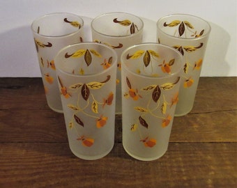 HALL AUTUMN LEAF frosted glasses, 5 of them, 5-1/2"