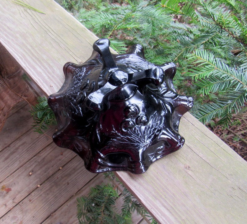 DUGAN CHERRIES and leaves purple 3 legs ruffled bowl