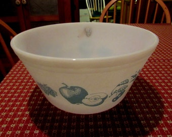 Federal fruits mixing bowl, milk glass, blue fruit