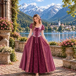 May include: A floor-length mauve and deep purple dress featuring short puff sleeves, a lace-up bodice with ribbon ties, and a full skirt with a central damask-patterned panel and embroidered floral accents along the side seams.