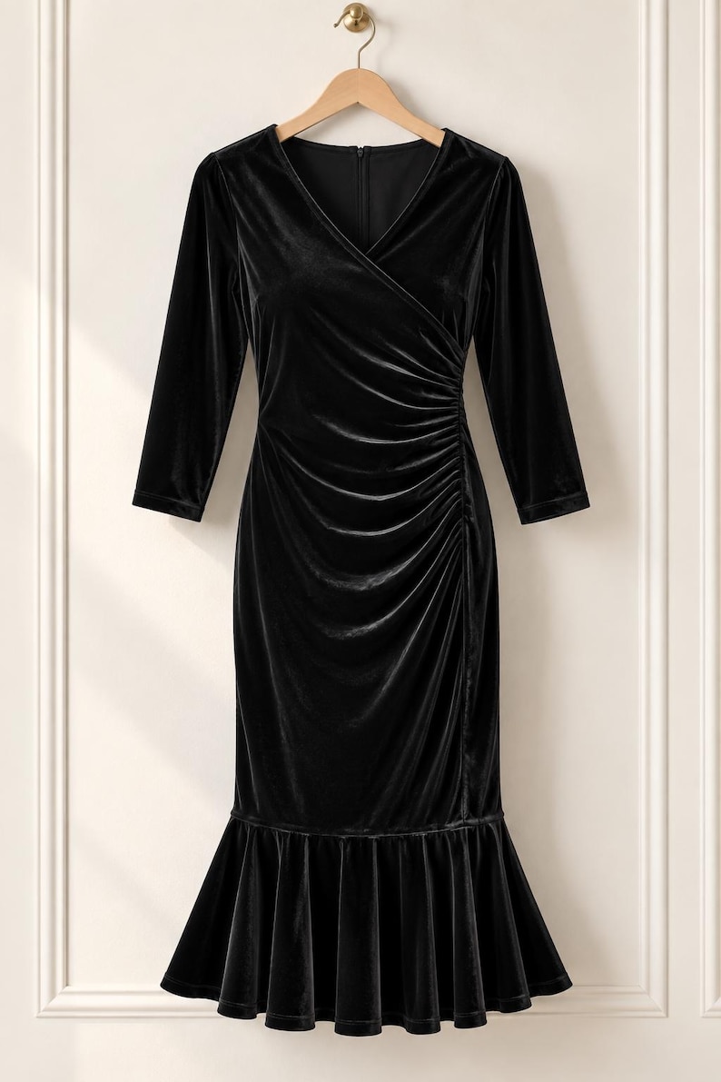 May include: A black velvet dress featuring a V-neckline, three-quarter length sleeves, and a fitted bodice with side ruching. The skirt includes a flared ruffle hemline, creating a mermaid silhouette. The dress is displayed on a wooden hanger.