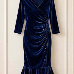 May include: A deep navy blue velvet dress featuring a V-neckline, three-quarter length sleeves, and a fitted bodice with side ruching. The skirt has a flared, ruffled hemline that falls below the knee, creating a structured silhouette.