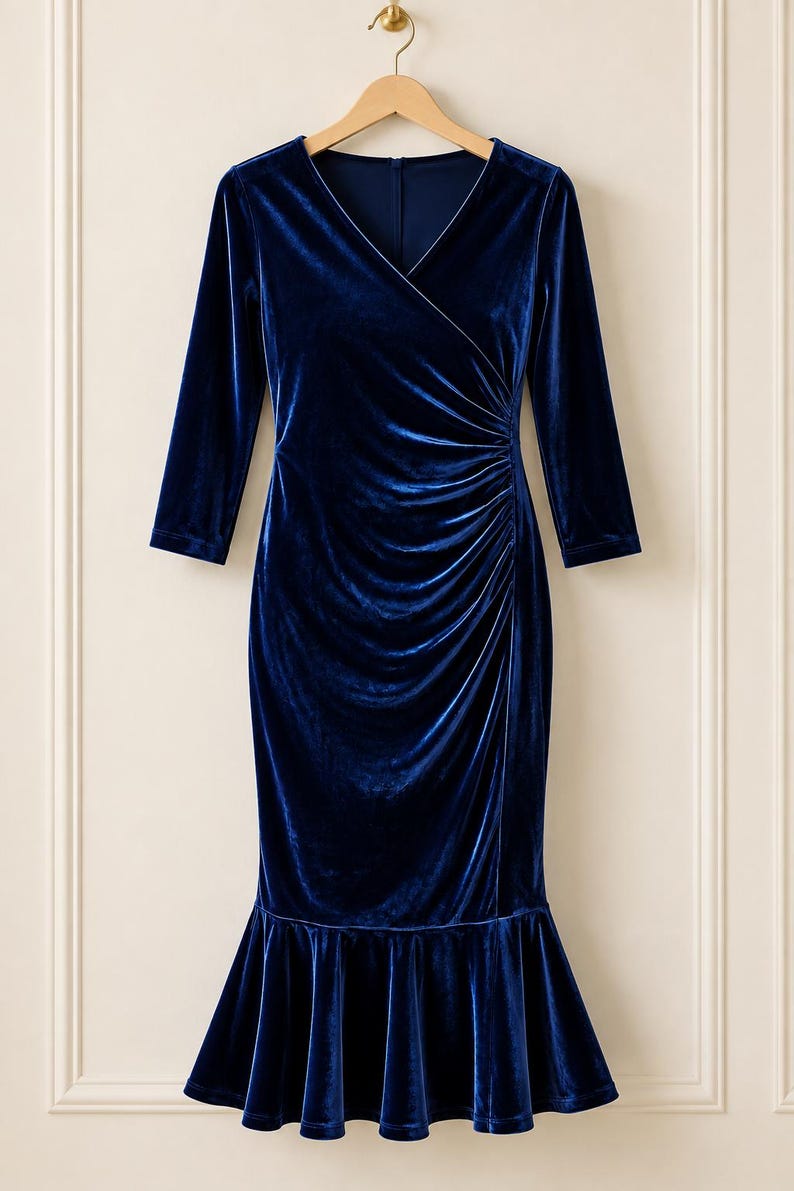 May include: A deep navy blue velvet dress featuring a V-neckline, three-quarter length sleeves, and a fitted bodice with side ruching. The skirt has a flared, ruffled hemline that falls below the knee, creating a structured silhouette.