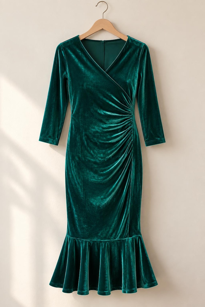 May include: A dark emerald green velvet dress featuring a V-neckline, three-quarter length sleeves, and a fitted bodice with side ruching. The skirt has a flared, ruffled hemline that falls below the knee, creating a distinct silhouette.