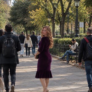 May include: A deep purple velvet dress featuring three-quarter length sleeves, a form-fitting bodice, and a ruffled hemline that falls below the knee, paired with light-colored high-heeled sandals worn in an outdoor park setting.