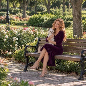 May include: A deep purple velvet midi dress with three-quarter length sleeves, a V-neckline, and a ruffled hemline, paired with beige ankle-strap heeled sandals. The dress features a fitted bodice that transitions into a flared skirt silhouette.