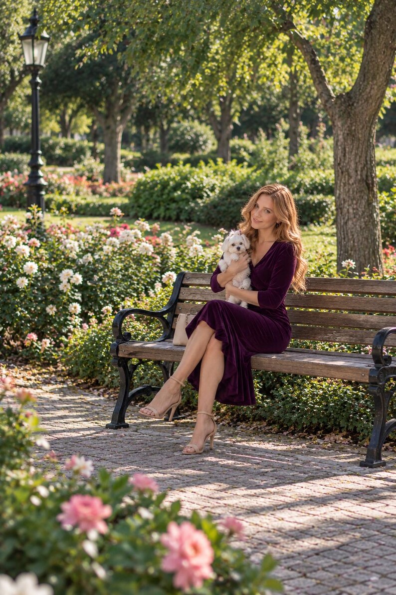 May include: A deep purple velvet midi dress with three-quarter length sleeves, a V-neckline, and a ruffled hemline, paired with beige ankle-strap heeled sandals. The dress features a fitted bodice that transitions into a flared skirt silhouette.