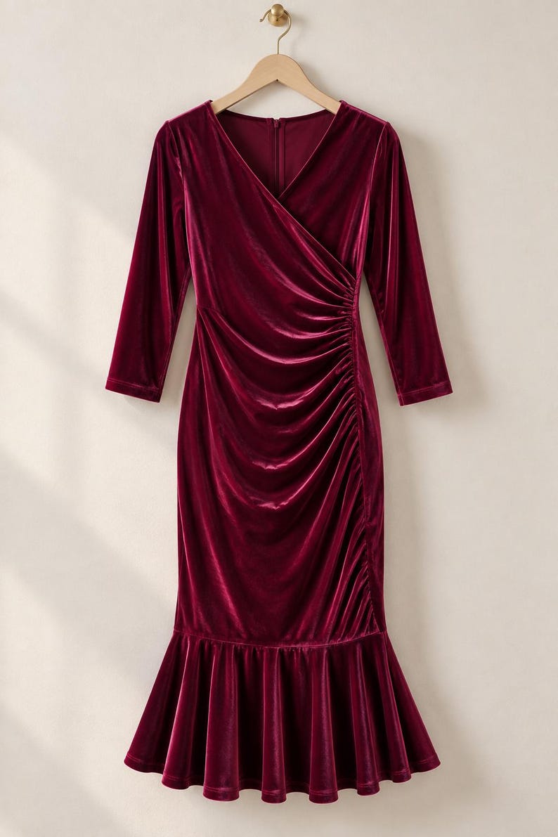 May include: A deep burgundy velvet dress featuring three-quarter length sleeves, a V-neckline, and a wrap-style bodice with side ruching. The garment has a fitted silhouette that transitions into a flared, ruffled hemline at the bottom.