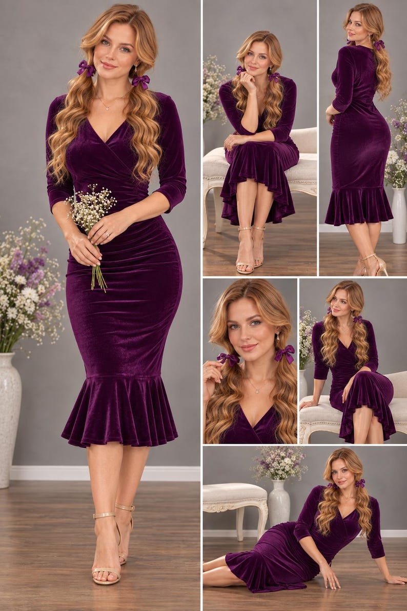 May include: A deep purple velvet midi dress featuring a V-neckline, three-quarter length sleeves, and a fitted bodice that transitions into a flared, ruffled hemline. The fabric has a soft, light-reflecting texture throughout the garment.