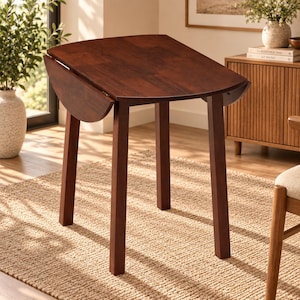 May include: A dark brown wooden drop-leaf table with a smooth, rectangular top and rounded edges. The table features four straight, sturdy legs and two hinged side panels that can be folded down to adjust the surface area of the furniture piece.