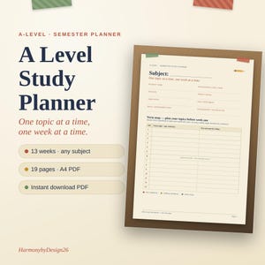 May include: A digital A-Level semester study planner template featuring a cream-colored page with dark text, including fields for subject, student name, teacher, and term dates, plus a 13-week term map table for tracking weekly topics and outcomes.