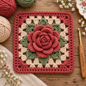 May include: A square crochet motif featuring a central three-dimensional rose in deep red, surrounded by sage green leaves and cream-colored yarn stitches. The border is finished in a deep red yarn, creating a textured floral pattern.