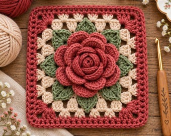 May include: A square crochet motif featuring a central three-dimensional rose in deep red, surrounded by sage green leaves and cream-colored yarn stitches. The border is finished in a deep red yarn, creating a textured floral pattern.