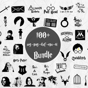 May include: A collection of black graphic icons and text designs featuring wizarding themes, including silhouettes of glasses, hats, wands, mythical creatures, and various quotes, centred around a large circle with the text 100+ svg-png-dxf-eps-ai Bundle.