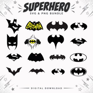 Puede incluir: Un paquete digital de gráficos de superhéroes en negro y amarillo que incluye varios logotipos con temática de Batman, siluetas de murciélagos y máscaras. El texto SUPERHERO SVG & PNG BUNDLE y DIGITAL DOWNLOAD es claramente visible.