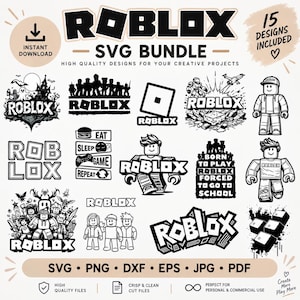 May include: A digital collection of 15 black and white Roblox SVG designs featuring various character illustrations, game logos, and text graphics including Born to Play Roblox Forced to Go to School, Eat Sleep Game Repeat, and high quality file format labels.