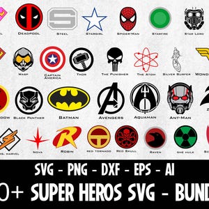 Peut inclure: Une collection numérique de logos de super-héros incluant des icônes pour Supergirl, Deadpool, Steel, Stargirl, Spider-Man, Starfire, Star Lord, Wolverine, Superman, Wasp, Captain America, Thor, The Punisher, The Atom, Silver Surfer, Wonder Woman, Black Widow, Black Panther, Batman, Avengers, Aquaman, Ant-Man, Zatanna, Mr. Terrific, Ms. Marvel, Nova, Robin, Red Tornado, Red Skull, Raven, She Hulk et Scarlet Witch, avec le texte SVG - PNG - DXF - EPS - AI 70+ SUPER HEROS SVG - BUNDLE.