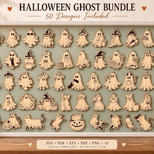 May include: A digital collection titled HALLOWEEN GHOST BUNDLE 50 Designs Included, featuring fifty individual light-colored ghost illustrations with various accessories and themes arranged in a grid within a white frame.