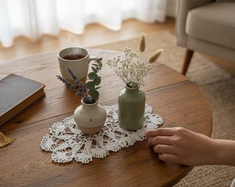 Oval Pineapple Crochet Doily, Handmade White Lace Placemat, Cozy Cottagecore Coffee Table Mat, Vintage Shabby Chic Kitchen Dining Decor
